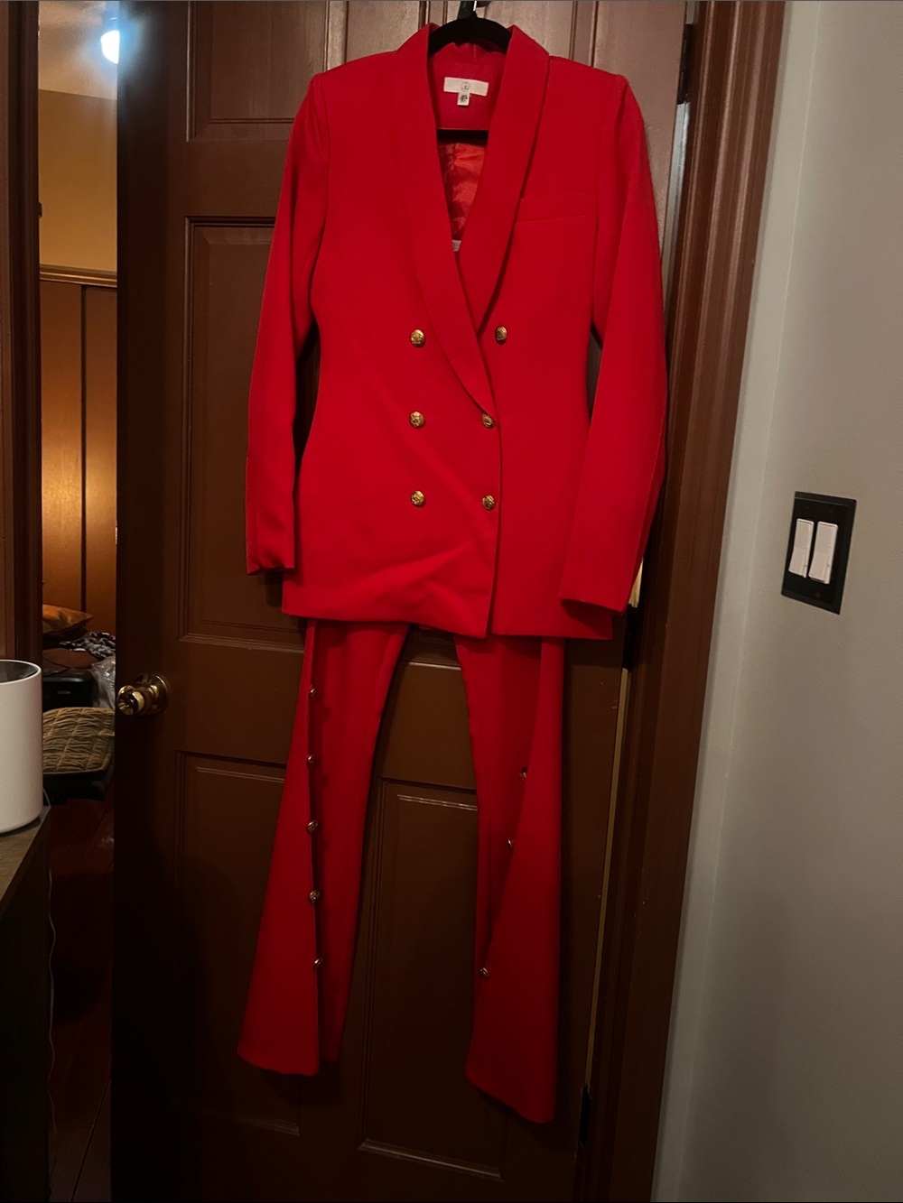 Red Double-Breasted Blazer & Button-Trim Pants Set